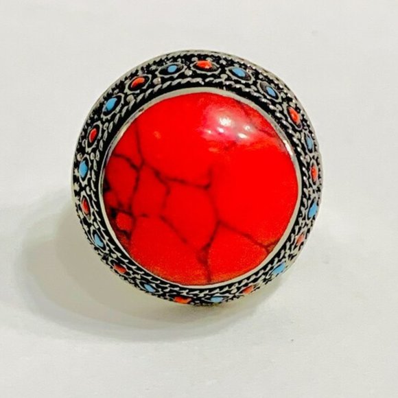 Adjustable Handmade Coral Stones Beads Round Ring, Handmade Kuchi Ring - Picture 5 of 6